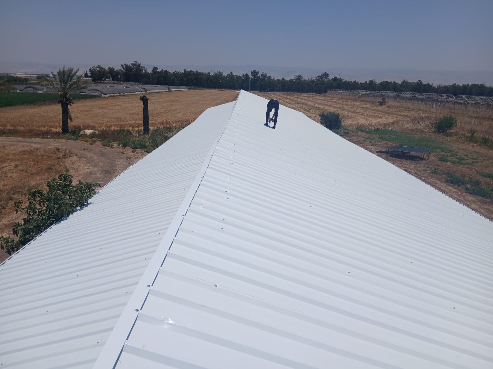 צוות מרכיב גג מתכת לבן על מבנה חקלאי